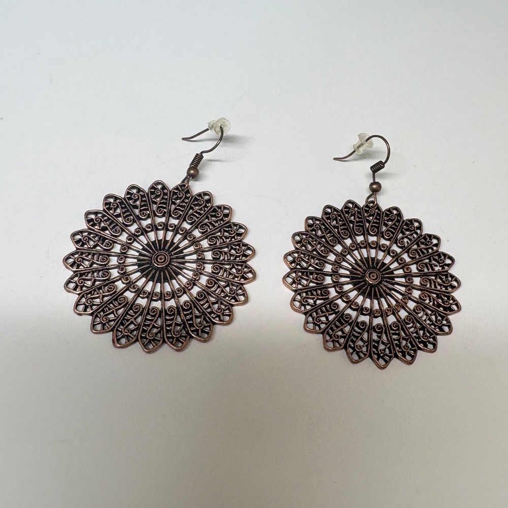Vintage Style Copper Tone Filigree Mandala Sunburst Drop Earrings